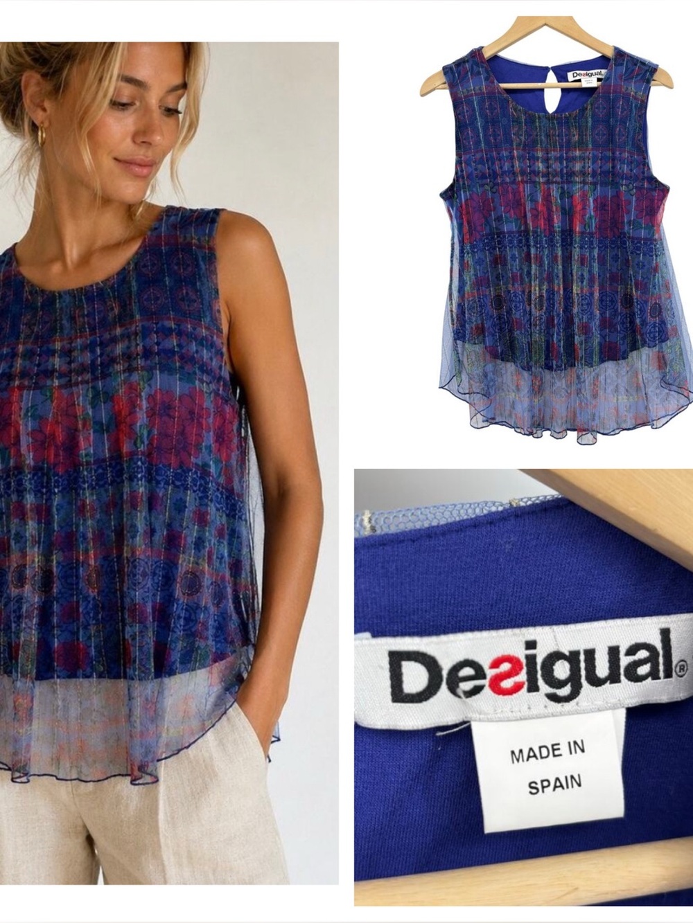 Desigual Sleeveless Sheer Overlay Top Large Layered Floral Artsy Resort Vacation
